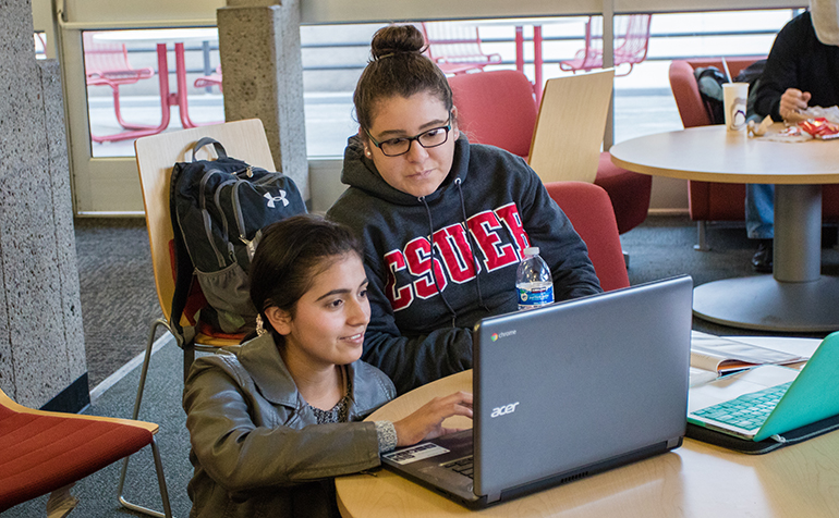Two female students looking at laptop together